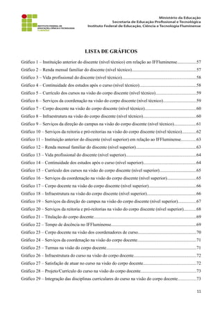 LISTA DE GRÁFICOS
Gráfico 1 – Instituição anterior do discente (nível técnico) em relação ao IFFluminense.................57
Gráfico 2 – Renda mensal familiar do discente (nível técnico).........................................................57
Gráfico 3 – Vida profissional do discente (nível técnico)..................................................................58
Gráfico 4 – Continuidade dos estudos após o curso (nível técnico)...................................................58
Gráfico 5 – Currículo dos cursos na visão do corpo discente (nível técnico)....................................59
Gráfico 6 – Serviços da coordenação na visão do corpo discente (nível técnico)..............................59
Gráfico 7 – Corpo docente na visão do corpo discente (nível técnico)..............................................60
Gráfico 8 – Infraestrutura na visão do corpo discente (nível técnico)................................................60
Gráfico 9 – Serviços da direção do campus na visão do corpo discente (nível técnico)....................61
Gráfico 10 – Serviços da reitoria e pró-reitorias na visão do corpo discente (nível técnico).............62
Gráfico 11 – Instituição anterior do discente (nível superior) em relação ao IFFluminense.............63
Gráfico 12 – Renda mensal familiar do discente (nível superior)......................................................63
Gráfico 13 – Vida profissional do discente (nível superior)...............................................................64
Gráfico 14 – Continuidade dos estudos após o curso (nível superior)...............................................64
Gráfico 15 – Currículo dos cursos na visão do corpo discente (nível superior).................................65
Gráfico 16 – Serviços da coordenação na visão do corpo discente (nível superior)..........................65
Gráfico 17 – Corpo docente na visão do corpo discente (nível superior)..........................................66
Gráfico 18 – Infraestrutura na visão do corpo discente (nível superior)............................................66
Gráfico 19 – Serviços da direção do campus na visão do corpo discente (nível superior)................67
Gráfico 20 – Serviços da reitoria e pró-reitorias na visão do corpo discente (nível superior)...........68
Gráfico 21 – Titulação do corpo docente...........................................................................................69
Gráfico 22 – Tempo de docência no IFFluminense............................................................................69
Gráfico 23 – Corpo docente na visão dos coordenadores de curso....................................................70
Gráfico 24 – Serviços da coordenação na visão do corpo docente....................................................71
Gráfico 25 – Turmas na visão do corpo docente................................................................................71
Gráfico 26 – Infraestrutura do curso na visão do corpo docente........................................................72
Gráfico 27 – Satisfação de atuar no curso na visão do corpo docente...............................................72
Gráfico 28 – Projeto/Currículo do curso na visão do corpo docente..................................................73
Gráfico 29 – Integração das disciplinas curriculares do curso na visão do corpo docente................73
11
 