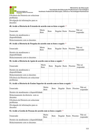 Eficiência da Diretoria em solucionar
problemas
Divulgação de informações para os
docentes
48. Avalie a Diretoria de Extensão de acordo com os itens a seguir: *
Enunciado
Muito
Bom
Bom Regular Ruim Péssimo
Não sei
responder
Horário de atendimento e
disponibilidade
Relacionamento com os docentes
49. Avalie a Diretoria de Pesquisa de acordo com os itens a seguir: *
Enunciado
Muito
Bom
Bom Regular Ruim Péssimo
Não sei
responder
Horário de atendimento e
disponibilidade
Relacionamento com os docentes
50. Avalie a Diretoria de Apoio de acordo com os itens a seguir: *
Enunciado
Muito
Bom
Bom Regular Ruim Péssimo
Não sei
responder
Horário de atendimento e
disponibilidade
Relacionamento com os docentes
Eficiência da Diretoria em solucionar
problemas
51. Avalie a Diretoria de Ensino Superior de acordo com os itens a seguir: *
Enunciado
Muito
Bom
Bom Regular Ruim Péssimo
Não sei
responder
Horário de atendimento e disponibilidade
Relacionamento da diretoria com os
docentes
Eficiência da Diretoria em solucionar
problemas
Divulgação de informações para os
docentes
52. Avalie a Gestão de Pessoas de acordo com os itens a seguir: *
Enunciado
Muito
Bom
Bom Regular Ruim Péssimo
Não sei
responder
Horário de atendimento e disponibilidade
Relacionamento com os docentes
112
 