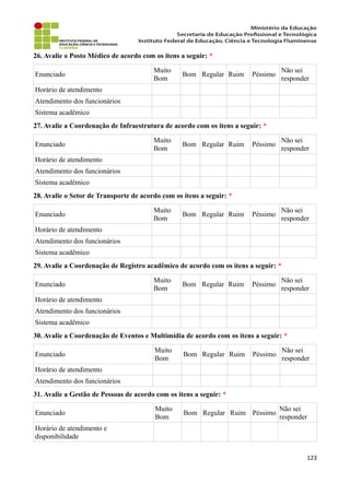 26. Avalie o Posto Médico de acordo com os itens a seguir: *
Enunciado
Muito
Bom
Bom Regular Ruim Péssimo
Não sei
responder
Horário de atendimento
Atendimento dos funcionários
Sistema acadêmico
27. Avalie a Coordenação de Infraestrutura de acordo com os itens a seguir: *
Enunciado
Muito
Bom
Bom Regular Ruim Péssimo
Não sei
responder
Horário de atendimento
Atendimento dos funcionários
Sistema acadêmico
28. Avalie o Setor de Transporte de acordo com os itens a seguir: *
Enunciado
Muito
Bom
Bom Regular Ruim Péssimo
Não sei
responder
Horário de atendimento
Atendimento dos funcionários
Sistema acadêmico
29. Avalie a Coordenação de Registro acadêmico de acordo com os itens a seguir: *
Enunciado
Muito
Bom
Bom Regular Ruim Péssimo
Não sei
responder
Horário de atendimento
Atendimento dos funcionários
Sistema acadêmico
30. Avalie a Coordenação de Eventos e Multimídia de acordo com os itens a seguir: *
Enunciado
Muito
Bom
Bom Regular Ruim Péssimo
Não sei
responder
Horário de atendimento
Atendimento dos funcionários
31. Avalie a Gestão de Pessoas de acordo com os itens a seguir: *
Enunciado
Muito
Bom
Bom Regular Ruim Péssimo
Não sei
responder
Horário de atendimento e
disponibilidade
123
 