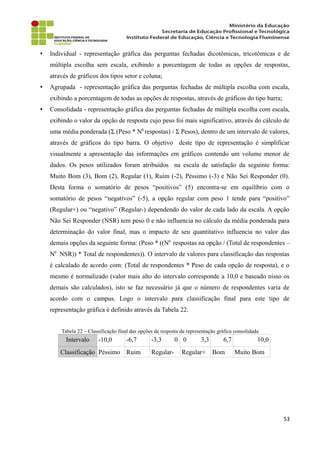 • Individual - representação gráfica das perguntas fechadas dicotômicas, tricotômicas e de
múltipla escolha sem escala, exibindo a porcentagem de todas as opções de respostas,
através de gráficos dos tipos setor e coluna;
• Agrupada - representação gráfica das perguntas fechadas de múltipla escolha com escala,
exibindo a porcentagem de todas as opções de respostas, através de gráficos do tipo barra;
• Consolidada - representação gráfica das perguntas fechadas de múltipla escolha com escala,
exibindo o valor da opção de resposta cujo peso foi mais significativo, através do cálculo de
uma média ponderada (Σ (Peso * N0
respostas) / Σ Pesos), dentro de um intervalo de valores,
através de gráficos do tipo barra. O objetivo deste tipo de representação é simplificar
visualmente a apresentação das informações em gráficos contendo um volume menor de
dados. Os pesos utilizados foram atribuídos na escala de satisfação da seguinte forma:
Muito Bom (3), Bom (2), Regular (1), Ruim (-2), Péssimo (-3) e Não Sei Responder (0).
Desta forma o somatório de pesos “positivos” (5) encontra-se em equilíbrio com o
somatório de pesos “negativos” (-5), a opção regular com peso 1 tende para “positivo”
(Regular+) ou “negativo” (Regular-) dependendo do valor de cada lado da escala. A opção
Não Sei Responder (NSR) tem peso 0 e não influencia no cálculo da média ponderada para
determinação do valor final, mas o impacto de seu quantitativo influencia no valor das
demais opções da seguinte forma: (Peso * ((N0
respostas na opção / (Total de respondentes –
N0
NSR)) * Total de respondentes)). O intervalo de valores para classificação das respostas
é calculado de acordo com: (Total de respondentes * Peso de cada opção de resposta), e o
mesmo é normalizado (valor mais alto do intervalo corresponde a 10,0 e baseado nisso os
demais são calculados), isto se faz necessário já que o número de respondentes varia de
acordo com o campus. Logo o intervalo para classificação final para este tipo de
representação gráfica é definido através da Tabela 22.
Tabela 22 – Classificação final das opções de resposta da representação gráfica consolidada
Intervalo -10,0 -6,7 -3,3 0 0 3,3 6,7 10,0
Classificação Péssimo Ruim Regular- Regular+ Bom Muito Bom
53
 