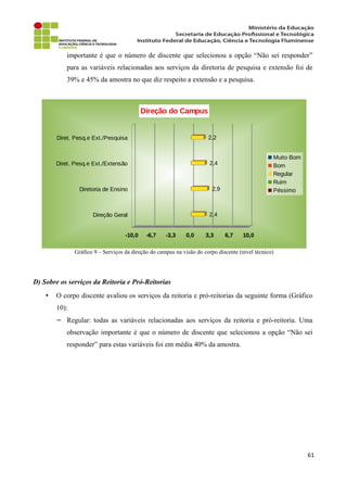 importante é que o número de discente que selecionou a opção “Não sei responder”
para as variáveis relacionadas aos serviços da diretoria de pesquisa e extensão foi de
39% e 45% da amostra no que diz respeito a extensão e a pesquisa.
Gráfico 9 – Serviços da direção do campus na visão do corpo discente (nível técnico)
D) Sobre os serviços da Reitoria e Pró-Reitorias
• O corpo discente avaliou os serviços da reitoria e pró-reitorias da seguinte forma (Gráfico
10):
− Regular: todas as variáveis relacionadas aos serviços da reitoria e pró-reitoria. Uma
observação importante é que o número de discente que selecionou a opção “Não sei
responder” para estas variáveis foi em média 40% da amostra.
61
Direção Geral
Diretoria de Ensino
Diret. Pesq.e Ext./Extensão
Diret. Pesq.e Ext./Pesquisa
-10,0 -6,7 -3,3 0,0 3,3 6,7 10,0
2,4
2,9
2,4
2,2
Direção do Campus
Muito Bom
Bom
Regular
Ruim
Péssimo
 