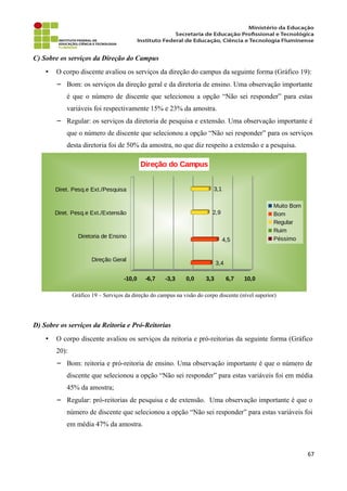 C) Sobre os serviços da Direção do Campus
• O corpo discente avaliou os serviços da direção do campus da seguinte forma (Gráfico 19):
− Bom: os serviços da direção geral e da diretoria de ensino. Uma observação importante
é que o número de discente que selecionou a opção “Não sei responder” para estas
variáveis foi respectivamente 15% e 23% da amostra.
− Regular: os serviços da diretoria de pesquisa e extensão. Uma observação importante é
que o número de discente que selecionou a opção “Não sei responder” para os serviços
desta diretoria foi de 50% da amostra, no que diz respeito a extensão e a pesquisa.
Gráfico 19 – Serviços da direção do campus na visão do corpo discente (nível superior)
D) Sobre os serviços da Reitoria e Pró-Reitorias
• O corpo discente avaliou os serviços da reitoria e pró-reitorias da seguinte forma (Gráfico
20):
− Bom: reitoria e pró-reitoria de ensino. Uma observação importante é que o número de
discente que selecionou a opção “Não sei responder” para estas variáveis foi em média
45% da amostra;
− Regular: pró-reitorias de pesquisa e de extensão. Uma observação importante é que o
número de discente que selecionou a opção “Não sei responder” para estas variáveis foi
em média 47% da amostra.
67
Direção Geral
Diretoria de Ensino
Diret. Pesq.e Ext./Extensão
Diret. Pesq.e Ext./Pesquisa
-10,0 -6,7 -3,3 0,0 3,3 6,7 10,0
3,4
4,5
2,9
3,1
Direção do Campus
Muito Bom
Bom
Regular
Ruim
Péssimo
 