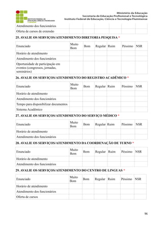 Atendimento dos funcionários
Oferta de cursos de extensão
25. AVALIE OS SERVIÇOS/ATENDIMENTO DIRETORIA PESQUISA *
Enunciado
Muito
Bom
Bom Regular Ruim Péssimo NSR
Horário de atendimento
Atendimento dos funcionários
Oportunidade de participação em
eventos (congressos, jornadas,
seminários)
26. AVALIE OS SERVIÇOS/ATENDIMENTO DO REGISTRO ACADÊMICO *
Enunciado
Muito
Bom
Bom Regular Ruim Péssimo NSR
Horário de atendimento
Atendimento dos funcionários
Tempo para disponibilizar documentos
Sistema Acadêmico
27. AVALIE OS SERVIÇOS/ATENDIMENTO DO SERVIÇO MÉDICO *
Enunciado
Muito
Bom
Bom Regular Ruim Péssimo NSR
Horário de atendimento
Atendimento dos funcionários
28. AVALIE OS SERVIÇOS/ATENDIMENTO DA COORDENAÇÃO DE TURNO *
Enunciado
Muito
Bom
Bom Regular Ruim Péssimo NSR
Horário de atendimento
Atendimento dos funcionários
29. AVALIE OS SERVIÇOS/ATENDIMENTO DO CENTRO DE LINGUAS *
Enunciado
Muito
Bom
Bom Regular Ruim Péssimo NSR
Horário de atendimento
Atendimento dos funcionários
Oferta de cursos
96
 