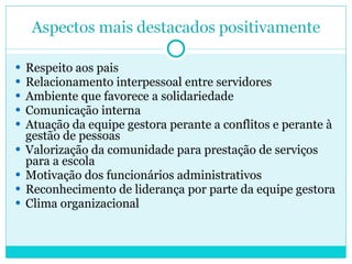 Respeito aos pais Relacionamento interpessoal entre servidores Ambiente que favorece a solidariedade Comunicação interna Atuação da equipe gestora perante a conflitos e perante à gestão de pessoas Valorização da comunidade para prestação de serviços para a escola Motivação dos funcionários administrativos Reconhecimento de liderança por parte da equipe gestora Clima organizacional 