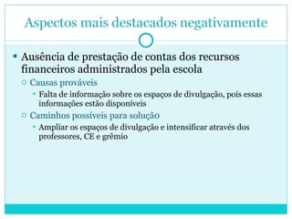 Ausência de prestação de contas dos recursos financeiros administrados pela escola Causas prováveis Falta de informação sobre os espaços de divulgação, pois essas informações estão disponíveis Caminhos possíveis para soluçã0 Ampliar os espaços de divulgação e intensificar através dos professores, CE e grêmio 