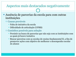 Ausência de parcerias da escola para com outras instituições Causas prováveis Falta de iniciativa da escola Dificuldade de articulação (UFRB) Caminhos possíveis para soluçã0 Persistir na busca de parcerias que não seja com as instituições com as quais já houve tentativa Buscar parceiras com as escolas de ensino fundamental II, a fim de promover ações com objetivo de melhorar o desempenho escolar do alunos 