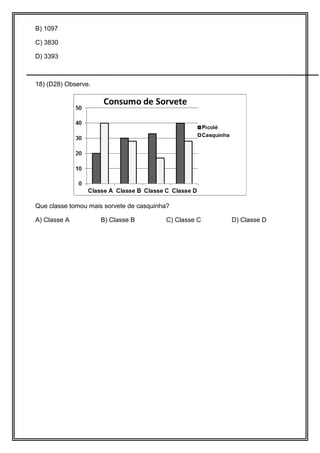 B) 1097
C) 3830
D) 3393
18) (D28) Observe.
Que classe tomou mais sorvete de casquinha?
A) Classe A B) Classe B C) Classe C D) Classe D
 
