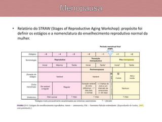 • Relatório do STRAW (Stages of Reproductive Aging Workshop): propósito foi
definir os estágios e a nomenclatura do envelhecimento reprodutivo normal da
mulher.
 