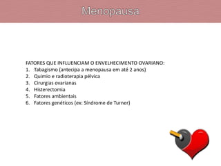 FATORES QUE INFLUENCIAM O ENVELHECIMENTO OVARIANO:
1. Tabagismo (antecipa a menopausa em até 2 anos)
2. Quimio e radioterapia pélvica
3. Cirurgias ovarianas
4. Histerectomia
5. Fatores ambientais
6. Fatores genéticos (ex: Síndrome de Turner)
 