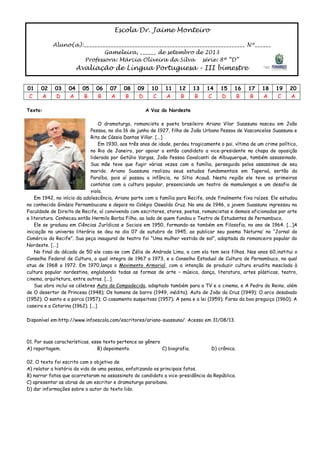 Escola Dr. Jaime Monteiro
Aluno(a):____________________________________________________________ Nº______
Gameleira, ______ de setembro de 2013
Professora: Márcia Oliveira da Silva série: 8ª “D”
Avaliação de Língua Portuguesa – III bimestre
01 02 03 04 05 06 07 08 09 10 11 12 13 14 15 16 17 18 19 20
C A D A B B A B D C A B B C D B B A C A
Texto: A Voz do Nordeste
O dramaturgo, romancista e poeta brasileiro Ariano Vilar Suassuna nasceu em João
Pessoa, no dia 16 de junho de 1927, filho de João Urbano Pessoa de Vasconcelos Suassuna e
Rita de Cássia Dantas Villar. [...]
Em 1930, aos três anos de idade, perdeu tragicamente o pai, vítima de um crime político,
no Rio de Janeiro, por apoiar o então candidato a vice-presidente na chapa de oposição
liderada por Getúlio Vargas, João Pessoa Cavalcanti de Albuquerque, também assassinado.
Sua mãe teve que fugir várias vezes com a família, perseguida pelos assassinos de seu
marido. Ariano Suassuna realizou seus estudos fundamentais em Taperoá, sertão da
Paraíba, pois aí passou a infância, no Sítio Acauã. Nesta região ele teve os primeiros
contatos com a cultura popular, presenciando um teatro de mamulengos e um desafio de
viola.
Em 1942, no início da adolescência, Ariano parte com a família para Recife, onde finalmente fixa raízes. Ele estudou
no conhecido Ginásio Pernambucano e depois no Colégio Oswaldo Cruz. No ano de 1946, o jovem Suassuna ingressou na
Faculdade de Direito de Recife, aí convivendo com escritores, atores, poetas, romancistas e demais aficionados por arte
e literatura. Conheceu então Hermilo Borba Filho, ao lado de quem fundou o Teatro de Estudantes de Pernambuco.
Ele se graduou em Ciências Jurídicas e Sociais em 1950, formando-se também em Filosofia, no ano de 1964. [...]A
iniciação no universo literário se deu no dia 07 de outubro de 1945, ao publicar seu poema ‗Noturno‘ no ―Jornal do
Comércio do Recife‖. Sua peça inaugural de teatro foi ―Uma mulher vestida de sol‖, adaptada do romanceiro popular do
Nordeste. [...]
No final da década de 50 ele casa-se com Zélia de Andrade Lima, e com ela tem seis filhos. Nos anos 60,institui o
Conselho Federal de Cultura, o qual integra de 1967 a 1973, e o Conselho Estadual de Cultura de Pernambuco, no qual
atua de 1968 a 1972. Em 1970,lança o Movimento Armorial, com a intenção de produzir cultura erudita mesclada à
cultura popular nordestina, englobando todas as formas de arte – música, dança, literatura, artes plásticas, teatro,
cinema, arquitetura, entre outras. [...]
Sua obra inclui os célebres Auto da Compadecida, adaptado também para a TV e o cinema, e A Pedra do Reino, além
de O desertor de Princesa (1948); Os homens de barro (1949, inédita); Auto de João da Cruz (1949); O arco desabado
(1952); O santo e a porca (1957); O casamento suspeitoso (1957); A pena e a lei (1959); Farsa da boa preguiça (1960); A
caseira e a Catarina (1962). [...]
Disponível em:http://www.infoescola.com/escritores/ariano-suassuna/. Acesso em 31/08/13.
01. Por suas características, esse texto pertence ao gênero
A) reportagem. B) depoimento. C) biografia. D) crônica.
02. O texto foi escrito com o objetivo de
A) relatar a história da vida de uma pessoa, enfatizando os principais fatos.
B) narrar fatos que acarretaram no assassinato do candidato a vice-presidência da República.
C) apresentar as obras de um escritor e dramaturgo paraibano.
D) dar informações sobre o autor do texto lido.
 