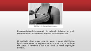 ▪ Essa medida é feita no meio do músculo deltoide, no qual,
normalmente, encontra-se o maior volume muscular.
▪ O avaliado deve estar em pé, com o peso distribuído
igualmente entre os segmentos e com os braços ao lado
do corpo. A medida é feita ao final de uma expiração
normal.
 