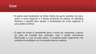 Coxa
▪ O ponto está localizado na linha média da parte anterior da coxa,
entre o vinco inguinal e a borda proximal da patela. O indivíduo
flexiona o quadril para ajudar a localização do vinco inguinal. É
uma dobra vertical.
▪ O peso do corpo é transferido para o outro pé, enquanto a perna
do lado da medida fica relaxada, com o joelho levemente
flexionado e o pé no piso plano. O avaliado pode segurar-se nos
ombros do avaliador ou no encosto deuma cadeira.
 