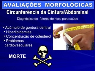 Diagnóstico de  fatores de risco para saúde  Circunferência da Cintura/Abdominal Acúmulo de gordura central Hiperlipidemias Concentração de colesterol Problemas cardiovasculares AVALIAÇÕES  MORFOLÓGICAS MORTE 