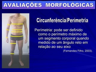 Perímetria: pode ser definido como o perímetro máximo de um segmento corporal quando medido de um ângulo reto em relação ao seu eixo  (Fernandes Filho, 2003). Circunferência/Perímetria C AVALIAÇÕES  MORFOLÓGICAS 