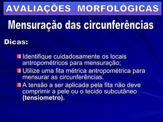Identifique cuidadosamente os locais antropométricos para mensuração; Utilize uma fita métrica antropométrica para mensurar as circunferências. A tensão a ser aplicada pela fita não deve comprimir a pele ou o tecido subcutâneo  (tensiometro). Mensuração das circunferências Dicas: AVALIAÇÕES  MORFOLÓGICAS 