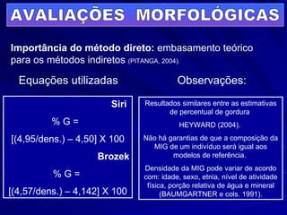 Siri  % G =  [(4,95/dens.) – 4,50] X 100 Brozek % G =  [(4,57/dens.) – 4,142] X 100 Equações utilizadas AVALIAÇÕES  MORFOLÓGICAS Importância do método direto:  embasamento teórico para os métodos indiretos  (PITANGA, 2004).   Observações: Resultados similares entre as estimativas de percentual de gordura  HEYWARD (2004).  Não há garantias de que a composição da MIG de um indivíduo será igual aos modelos de referência.  Densidade da MIG pode variar de acordo com: idade, sexo, etnia, nível de atividade física, porção relativa de água e mineral (BAUMGARTNER e cols. 1991). 