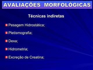 Pesagem Hidrostática; Pletismografia; Dexa; Hidrometria; Excreção de Creatina; AVALIAÇÕES  MORFOLÓGICAS Técnicas indiretas 