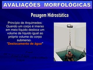 Princípio de Arquimedes: Quando um corpo é imerso em meio líquido desloca um volume de líquido igual ao próprio volume do corpo submerso.  “ Deslocamento de água ” Pesagem Hidrostática AVALIAÇÕES  MORFOLÓGICAS 