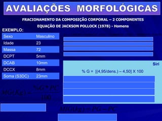 AVALIAÇÕES  MORFOLÓGICAS FRACIONAMENTO DA COMPOSIÇÃO CORPORAL – 2 COMPONENTES EQUAÇÃO DE JACKSON POLLOCK (1978) - Homens EXEMPLO: PG = 5,03 kg MIG = 66,9 Kg Siri  % G =  [(4,95/dens.) – 4,50] X 100 %G = [4,95/1,0852914) – 4,50]*100 %G = (4,56099 – 4,50)*100 %G = 0,0699*100 %G = 6,99 72 Massa 23mm Soma (S3DC) 8mm DCCX 10mm DCAB 5mm DCPT 23 Idade Masculino Sexo 