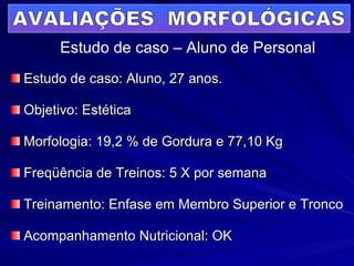 Estudo de caso: Aluno, 27 anos. Objetivo: Estética Morfologia: 19,2 % de Gordura e 77,10 Kg Freqüência de Treinos: 5 X por semana Treinamento: Enfase em Membro Superior e Tronco Acompanhamento Nutricional: OK AVALIAÇÕES  MORFOLÓGICAS Estudo de caso – Aluno de Personal 