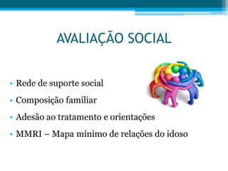 AVALIAÇÃO SOCIAL
• Rede de suporte social
• Composição familiar
• Adesão ao tratamento e orientações
• MMRI – Mapa mínimo de relações do idoso
 