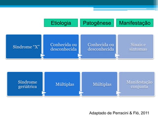 Etiologia ManifestaçãoPatogênese
Adaptado de Perracini & Fló, 2011
Síndrome “X”
Conhecida ou
desconhecida
Conhecida ou
desconhecida
Sinais e
sintomas
Síndrome
geriátrica
Múltiplas Múltiplas
Manifestação
conjunta
 