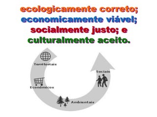 ecologicamente correto;
economicamente viável;
  socialmente justo; e
 culturalmente aceito.
 