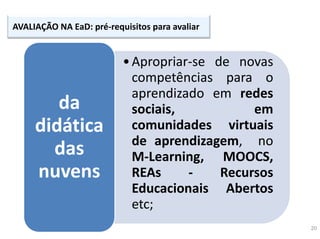 20
AVALIAÇÃO NA EaD: pré-requisitos para avaliar
•Apropriar-se de novas
competências para o
aprendizado em redes
sociais, em
comunidades virtuais
de aprendizagem, no
M-Learning, MOOCS,
REAs - Recursos
Educacionais Abertos
etc;
da
didática
das
nuvens
 