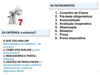 5
OS CRITÉRIOS: a essência!!!
O QUE VOU AVALIAR
(aprendizagem ou contextos? Ou
os dois?)
b) COMO VOU AVALIAR ( quais
instrumentos?)
c) INDICADORES E PESOS (
métricas)
d) GESTÃO DE RESULTADOS ( o
que precisamos mudar e melhorar
continuamente, a partir do
diagnóstico diário)
1. Conselho de Classe
2. Pré-teste (diagnóstico)
3. Autoavaliação
4. Avaliação cooperativa
5. Observação
6. Relatório
7. Prova
8. Prova dissertativa
OS INSTRUMENTOS
 