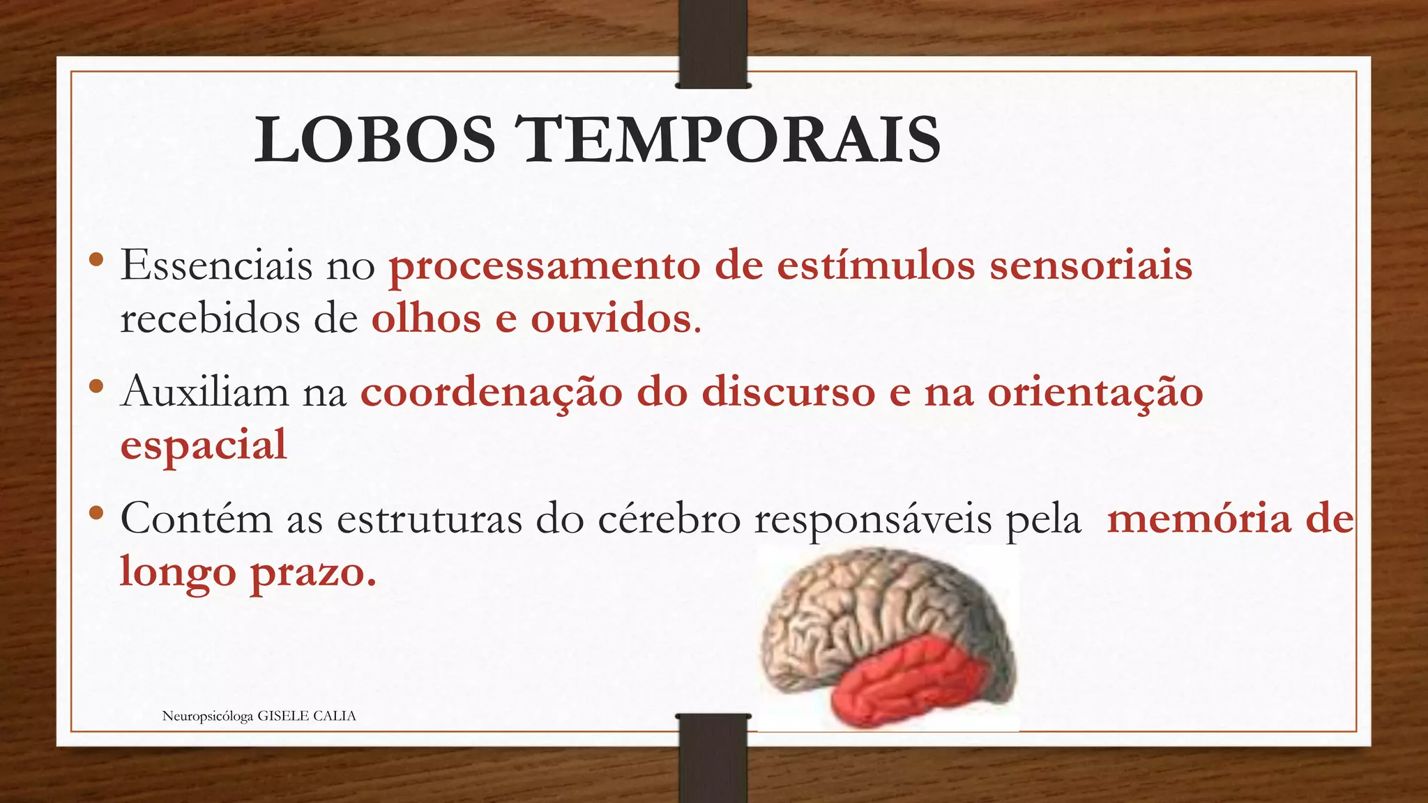 LOBOS TEMPORAIS 
• Essenciais no processamento de estímulos sensoriais 
recebidos de olhos e ouvidos. 
• Auxiliam na coordenação do discurso e na orientação 
espacial 
• Contém as estruturas do cérebro responsáveis pela memória de 
longo prazo. 
Neuropsicóloga GISELE CALIA 
 