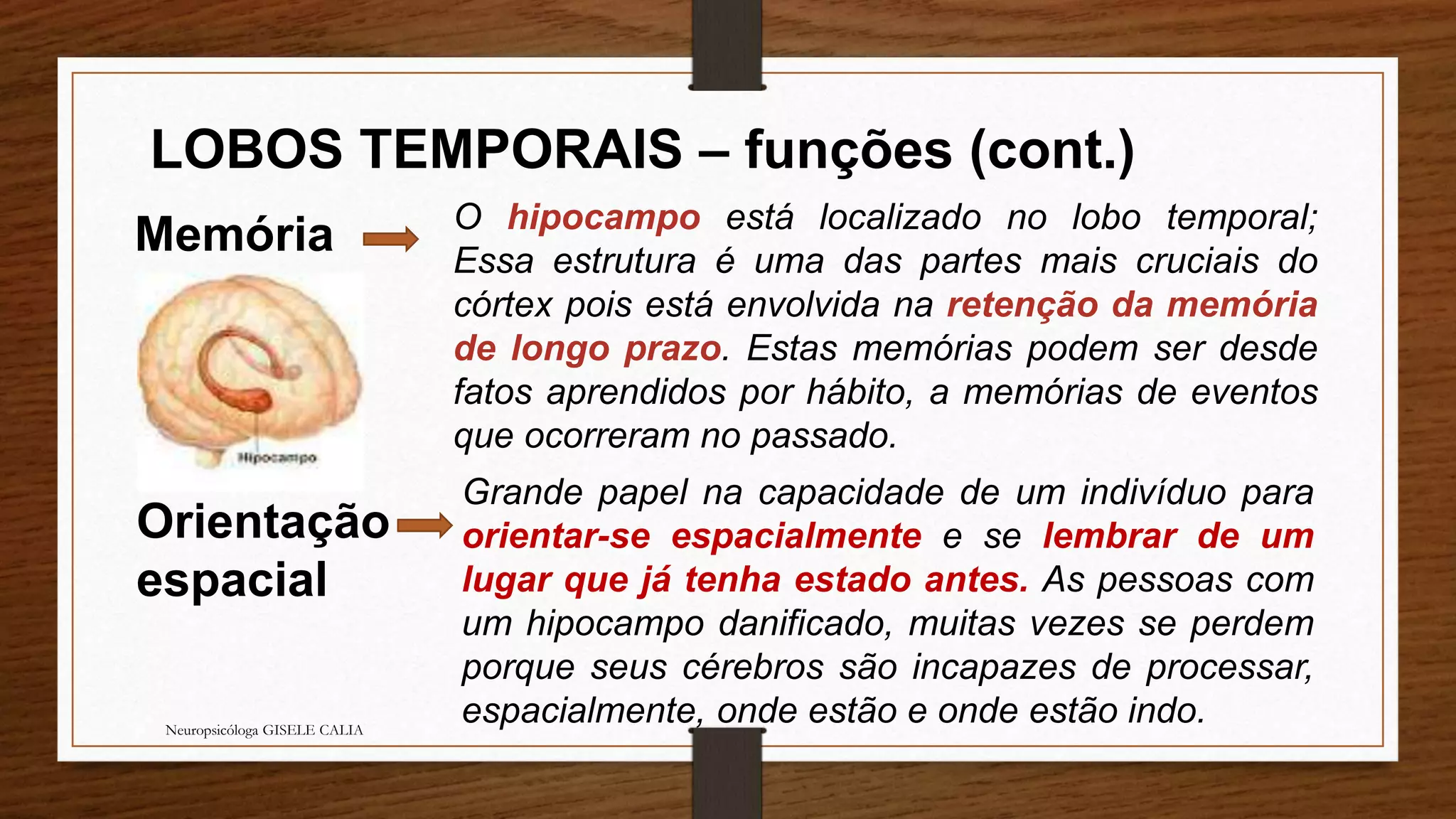 LOBOS TEMPORAIS – funções (cont.) 
Memória O hipocampo está localizado no lobo temporal; 
Neuropsicóloga GISELE CALIA 
Essa estrutura é uma das partes mais cruciais do 
córtex pois está envolvida na retenção da memória 
de longo prazo. Estas memórias podem ser desde 
fatos aprendidos por hábito, a memórias de eventos 
que ocorreram no passado. 
Orientação 
espacial 
Grande papel na capacidade de um indivíduo para 
orientar-se espacialmente e se lembrar de um 
lugar que já tenha estado antes. As pessoas com 
um hipocampo danificado, muitas vezes se perdem 
porque seus cérebros são incapazes de processar, 
espacialmente, onde estão e onde estão indo. 
 