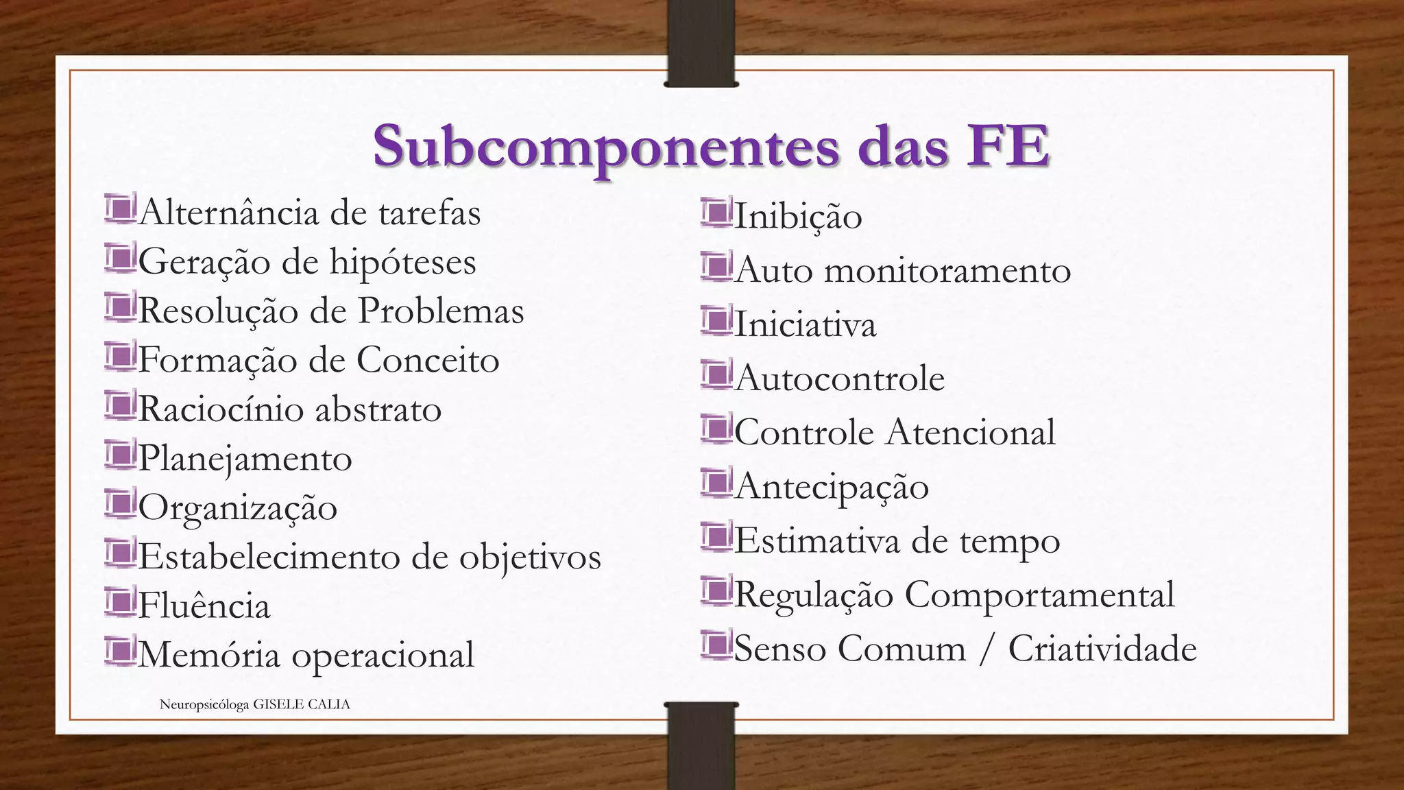 Subcomponentes das FE 
Alternância de tarefas 
Geração de hipóteses 
Resolução de Problemas 
Formação de Conceito 
Raciocínio abstrato 
Planejamento 
Organização 
Estabelecimento de objetivos 
Fluência 
Memória operacional 
Neuropsicóloga GISELE CALIA 
Inibição 
Auto monitoramento 
Iniciativa 
Autocontrole 
Controle Atencional 
Antecipação 
Estimativa de tempo 
Regulação Comportamental 
Senso Comum / Criatividade 
 