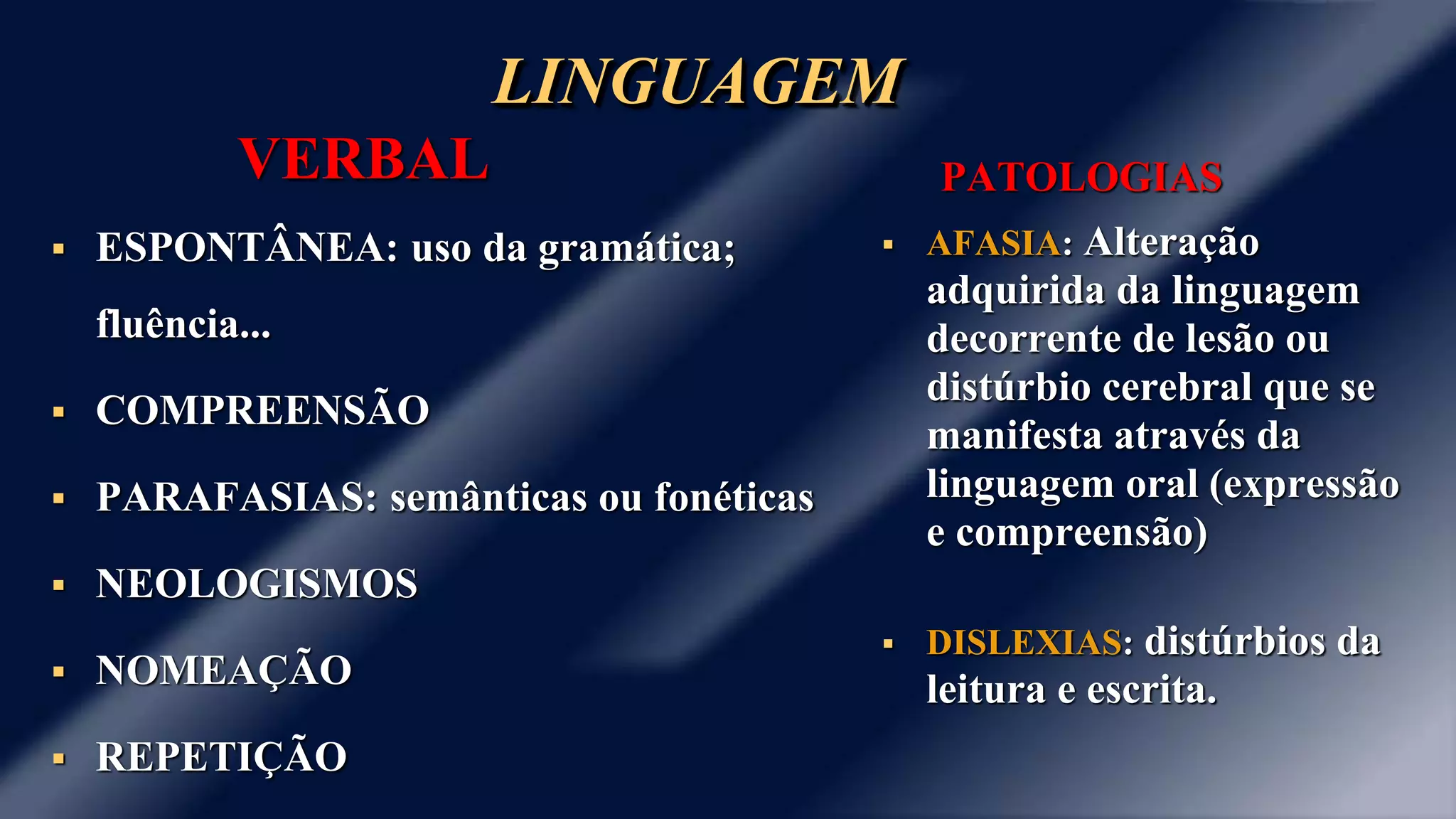 LINGUAGEM 
VERBAL 
 ESPONTÂNEA: uso da gramática; 
fluência... 
 COMPREENSÃO 
 PARAFASIAS: semânticas ou fonéticas 
 NEOLOGISMOS 
 NOMEAÇÃO 
 REPETIÇÃO 
PATOLOGIAS 
 AFASIA: Alteração 
adquirida da linguagem 
decorrente de lesão ou 
distúrbio cerebral que se 
manifesta através da 
linguagem oral (expressão 
e compreensão) 
 DISLEXIAS: distúrbios da 
leitura e escrita. 
 
