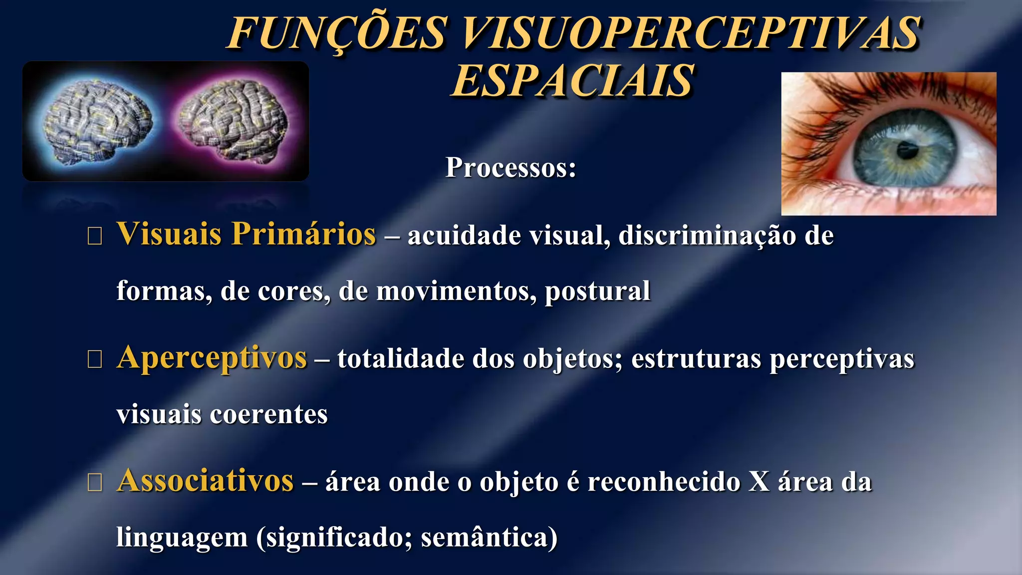 FUNÇÕES VISUOPERCEPTIVAS 
ESPACIAIS 
Processos: 
Visuais Primários – acuidade visual, discriminação de 
formas, de cores, de movimentos, postural 
Aperceptivos – totalidade dos objetos; estruturas perceptivas 
visuais coerentes 
Associativos – área onde o objeto é reconhecido X área da 
linguagem (significado; semântica) 
 