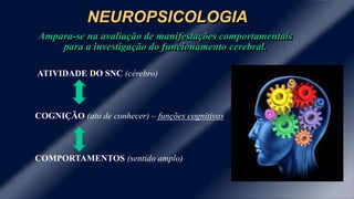 NEUROPSICOLOGIA 
Ampara-se na avaliação de manifestações comportamentais 
para a investigação do funcionamento cerebral. 
ATIVIDADE DO SNC (cérebro) 
COGNIÇÃO (ato de conhecer) – funções cognitivas 
COMPORTAMENTOS (sentido amplo) 
 