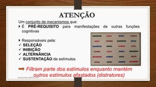 ATENÇÃO 
Um conjunto de mecanismos que: 
 É PRÉ-REQUISITO para manifestações de outras funções 
cognitivas 
 Responsáveis pela: 
 SELEÇÃO 
 INIBIÇÃO 
 ALTERNÂNCIA 
 SUSTENTAÇÃO de estímulos 
Filtram parte dos estímulos enquanto mantém 
outros estímulos afastados (distratores) Neuropsicóloga GISELE CALIA 
 