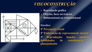 VISUOCONSTRUÇÃO 
 Reprodução gráfica 
 Objetos, faces ou trajetos 
 Bidimensional ou tridimensional 
Envolve: 
1º Percepção visual 
2º Elaboração de representação mental 
3º Reprodução: funções motoras, 
habilidades de coordenação e 
planejamento 
 