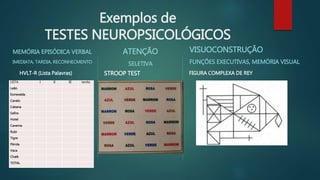Exemplos de 
TESTES NEUROPSICOLÓGICOS 
MEMÓRIA EPISÓDICA VERBAL 
IMEDIATA, TARDIA, RECONHECMENTO 
HVLT-R (Lista Palavras) 
ATENÇÃO 
SELETIVA 
STROOP TEST 
VISUOCONSTRUÇÃO 
FUNÇÕES EXECUTIVAS, MEMÓRIA VISUAL 
FIGURA COMPLEXA DE REY 
LISTA I II III tardia 
Leão 
Esmeralda 
Cavalo 
Cabana 
Safira 
Hotel 
Caverna 
Rubi 
Tigre 
Pérola 
Vaca 
Chalé 
TOTAL 
 