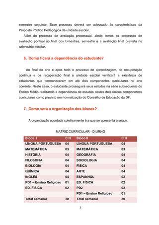 semestre seguinte. Esse processo deverá ser adequado às características da
Proposta Político Pedagógica da unidade escolar.
   Além do processo de avaliação processual, ainda temos os processos de
avaliação pontual ao final dos bimestres, semestre e a avaliação final prevista no
calendário escolar.


   6. Como ficará a dependência do estudante?


     Ao final do ano e após todo o processo de aprendizagem, de recuperação
contínua e de recuperação final a unidade escolar verificará a existência de
estudantes que permaneceram em até dois componentes curriculares no ano
corrente. Neste caso, o estudante prosseguirá seus estudos na série subsequente do
Ensino Médio realizando a dependência de estudos destes dois únicos componentes
curriculares como previsto em normatização do Conselho de Educação do DF.


   7. Como será a organização dos blocos?


      A organização acordada coletivamente é a que se apresenta a seguir:


                        MATRIZ CURRICULAR - DIURNO

    Bloco I                    CH     Bloco II                      CH
    LÍNGUA PORTUGUESA          04     LÍNGUA PORTUGUESA             04
    MATEMÁTICA                 03     MATEMÁTICA                    03
    HISTÓRIA                   04     GEOGRAFIA                     04
    FILOSOFIA                  04     SOCIOLOGIA                    04
    BIOLOGIA                   04     FÍSICA                        04
    QUÍMICA                    04     ARTE                          04
    INGLÊS                     04     ESPANHOL                      02
    PD1 – Ensino Religioso     01     ED. FÍSICA                    02
    ED. FÍSICA                 02     PD2                           02
                                      PD1 – Ensino Religioso        01
    Total semanal              30     Total semanal                 30
 