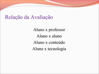 Relação da Avaliação
Aluno x professor
Aluno x aluno
Aluno x conteúdo
Aluno x tecnologia
 