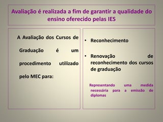 Avaliação é realizada a fim de garantir a qualidade do
ensino oferecido pelas IES
A Avaliação dos Cursos de
Graduação é um
procedimento utilizado
pelo MEC para:
• Reconhecimento
• Renovação de
reconhecimento dos cursos
de graduação
Representando uma medida
necessária para a emissão de
diplomas
 