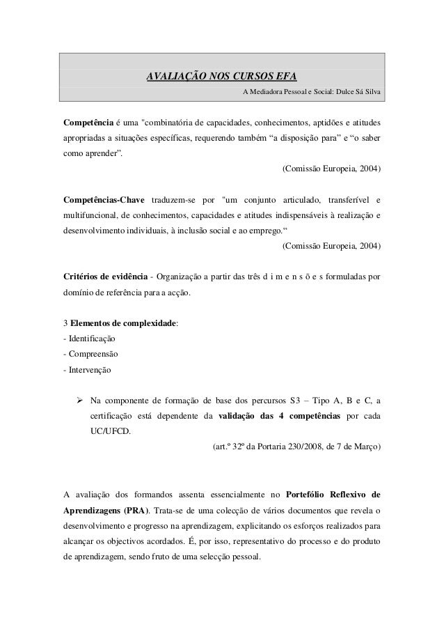 Avaliação nos cursos efa