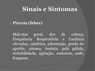 Sinais e Sintomas 
 Pirexia (febre) 
Mal-etar geral, dor de cabeça, 
Frequência Respiratória e Cardíaca 
elevadas, calafrios, piloereção, perda do 
apetite, náusea, insônia, pele pálida, 
irritabilidade, agitação, sudorese, sede, 
fraqueza. 
 