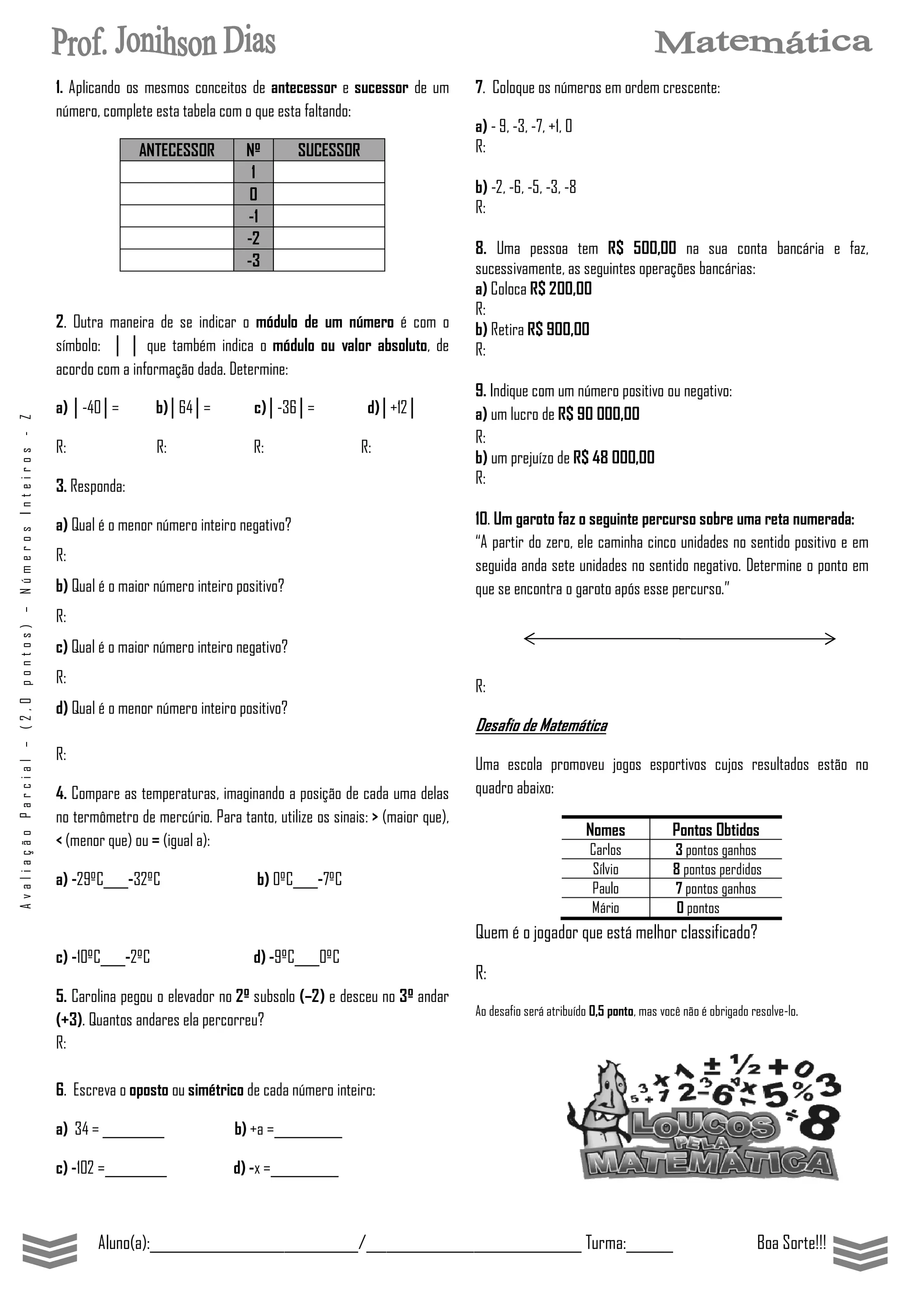 Prova Numeros Inteiros 7 Ano Doc - BINKEDU