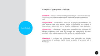 2 1
Autenticidade
Composta por quatro critérios:
Similitude – relação entre a estratégia de avaliação e o contexto da vida
real de modo a preparar os estudantes para uma situação profissional
real;
Complexidade - planificação e execução do projeto (à semelhança de
uma situação real) que permitirá situar a importância do trabalho a
desenvolver e relacioná-lo com os desafios exigidos para a sua resolução;
Significância - Estabelece a relação entre a importância e significado do
trabalho académico (por parte do docente) em justaposição ao valor
acordado pelos estudantes acerca das tarefas de avaliação digital;
Adequação - incide-se nas condições para realização das tarefas
colaborativas de avaliação digital, desde a gestão do processo até à
finalização.
 