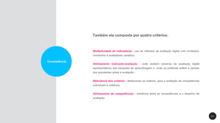 2 2
Consistência
Também ela composta por quatro critérios:
Multiplicidade de indicadores - uso de métodos de avaliação digital com contextos,
momentos e avaliadores variados;
Alinhamento instrução-avaliação - onde existem cenários de avaliação digital
representativos das situações de aprendizagem e onde se pretende auferir a opinião
dos estudantes sobre a avaliação ;
Relevância dos critérios - destacando os critérios para a avaliação de competências
individuais e coletivas;
Alinhamento de competências - coerência entre as competências e o desenho de
avaliação.
 
