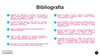 2 6
McLoughlin, C. & Luca, J. (2001). "Quality in Online Delivery: What
does it mean for assessment in E-Learning Environments?“
0 1 Pereira, A., Oliveira, I., Tinoca, L., Pinto, M. C. & Amarante, L.
(2015) – Desafios da Avaliação Digital no Ensino Superior.
Universidade Aberta – LE@D
0 2 Romeu Fontanillas, T., Romero Carbonell, M., & Guitert Catasús, M.
(2016). E-assessment process: giving a voice to online learners.
International Journal of Educational Technology in Higher
Education, 13(1), 20.
0 3
Santos, E. & Lima, G. A. (2016) - Avaliação da Aprendizagem em
Educação Online: co-criação de fundamentos, práticas e
dispositivos. In: Amante, L. & Oliveira, I. (Coord.)
Avaliação das Aprendizagens: Perspetivas, contextos e práticas.
0 4
Bibliografia
Scardamalia, M. & Bereiter, C. (1992). An architecture for
collaborative knowledge building. In E.D. Corte, M.C. Linn, H.
Mandl, & L. Verschaffel (Eds.), Computer-based learning
environments and problem solving (pp. 41-66). Berlin: Springer-
Verlag.
Birenbaum, M. (1999). Reflective active learning in a graduate
course on assessment. Higher Education, Research and
Development, 18 (2), 201-219.
Gijbels, D. (2011). Assessment of vocational competence in
higher education: Reflections and prospects. Assessment &
Evaluation in Higher Education, 36(4), 381–383.
Brinke, D. (2008). Assessment of prior learning. Maastricht: the
Netherlands: Datawyse.
Baartman, L.K.J., Bastiaens, T.J., Kirschner, P.A. & Vleuten, C.
(2007). Evaluating assessment quality in competence-based
education: A qualitative comparison of two frameworks.
Educational Research Review, 2, 114-129
0 5
0 6
0 7
0 8
0 9
 