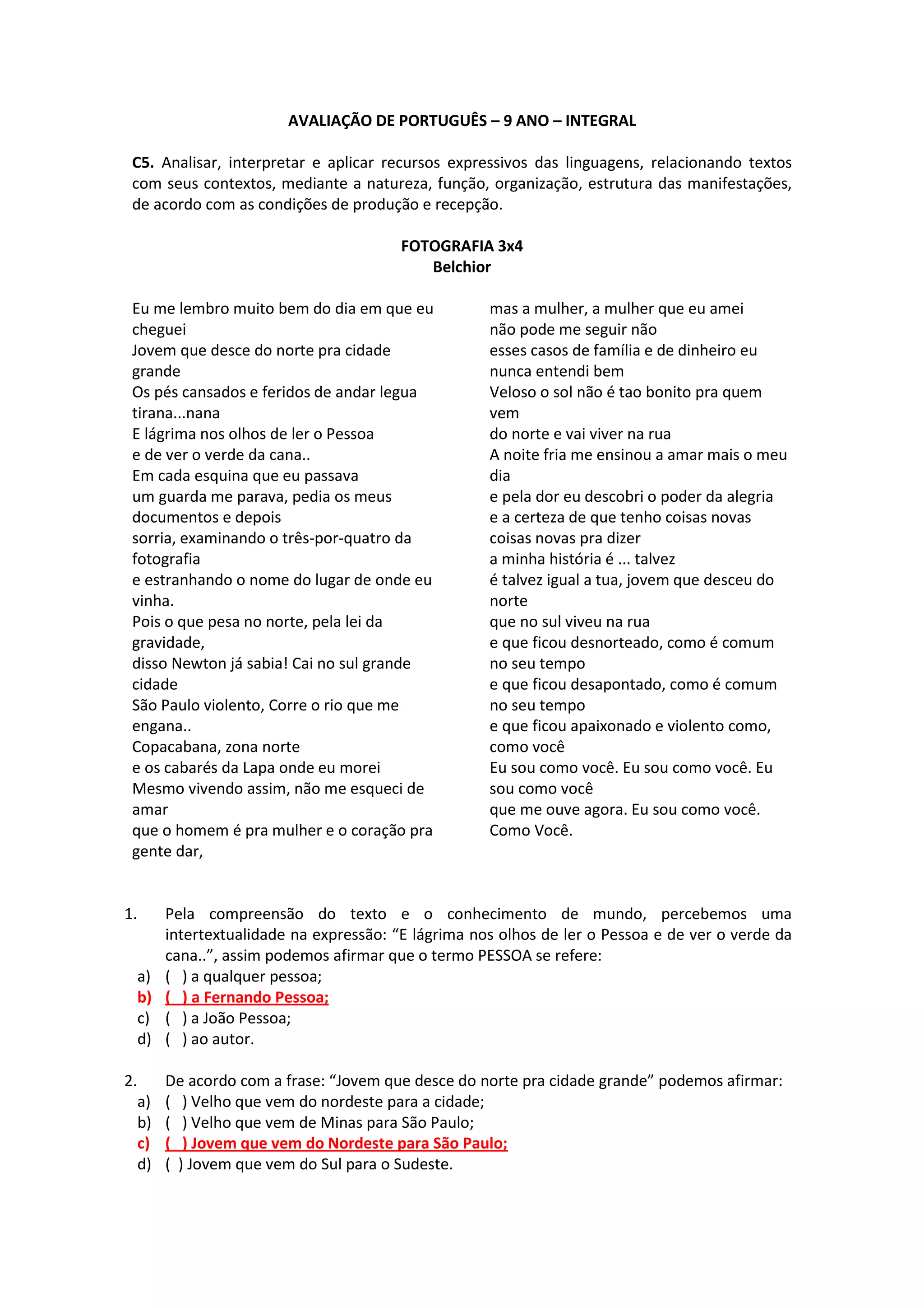 Avaliação portugues 9º ano abril | PDF