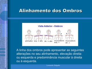 Leonardo Delgado
Alinhamento dos Ombros
Alinhamento dos Ombros
A linha dos ombros pode apresentar as seguintes
alterações no seu alinhamento, elevação direita
ou esquerda e predominância muscular à direita
ou à esquerda.
 