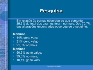 Leonardo Delgado
Pesquisa
Pesquisa
Em relação às pernas observou-se que somente
29,3% do total dos exames foram normais. Dos 70,7%
das alterações encontradas observou-se o seguinte:
Meninos
• 44% geno varo;
• 31% geno valgo;
• 21,6% normais.
Meninas
• 50,6% geno valgo;
• 39,3% normais;
• 10,1% geno varo
 
